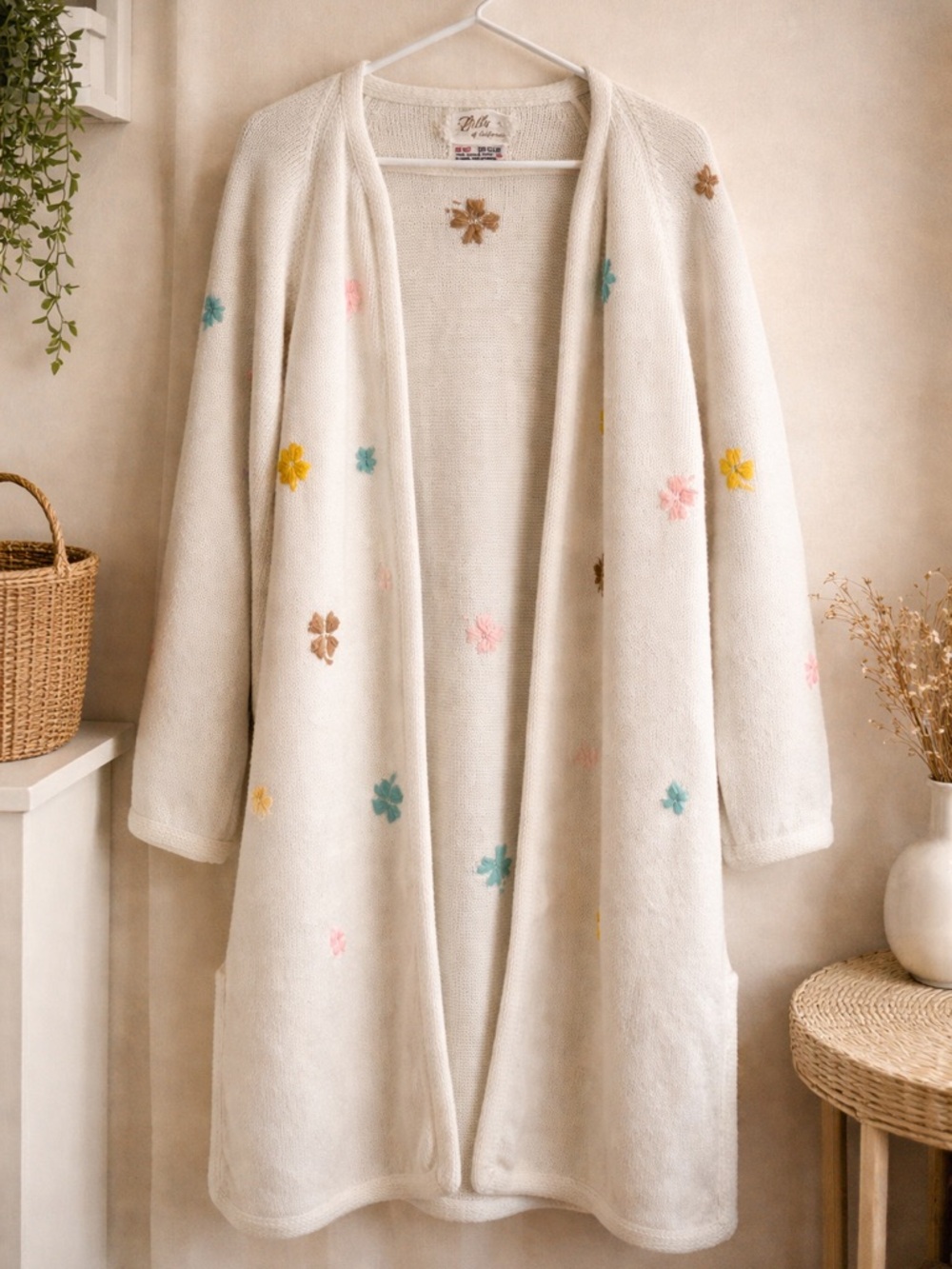 Vintage Lilly of California Floral Cardigan Sweater Longline Cozy Knit Size M